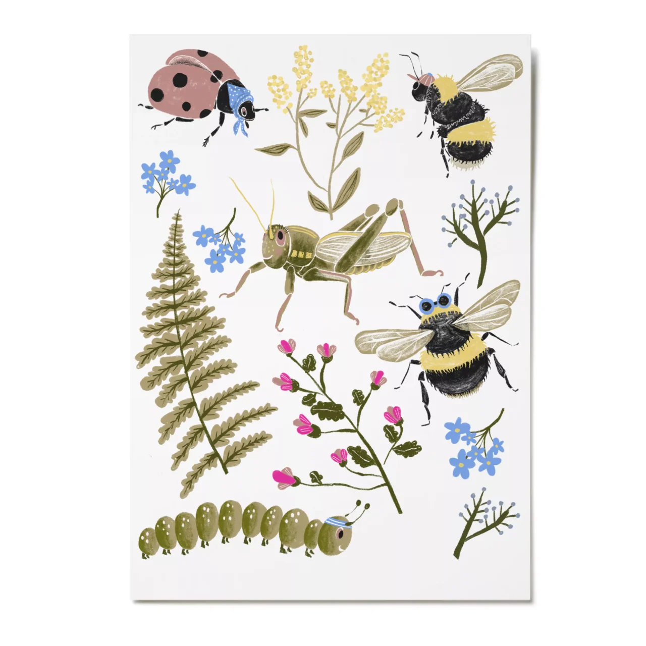 Dieses Bild zeigt ein wunderschön illustriertes Tattoo-Set mit Insektenmotiven, darunter eine Heuschrecke, eine Raupe, ein Marienkäfer und Hummeln, umgeben von Pflanzen und Blumen. Die Designs sind detailreich und farbenfroh gestaltet, wodurch sie sich perfekt für temporäre Tattoos eignen