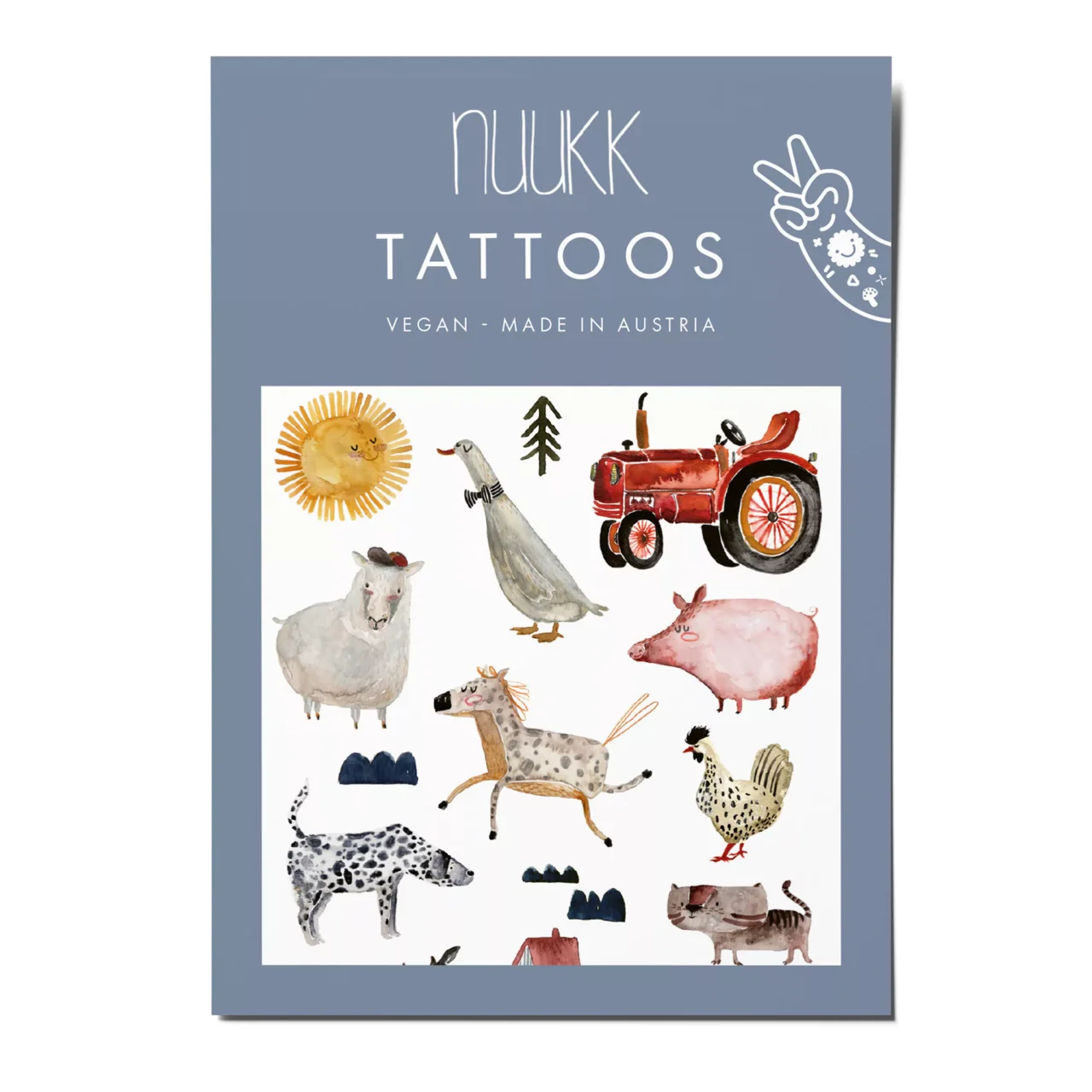 Diese Bauernhof-Tattoo-Sheets haben einen tollen, verspielten Aquarellstil! Mit Tieren wie Pferden, Hunden, Schweinen und sogar einer schick gekleideten Gans – dazu ein leuchtender Sonnenakzent und ein nostalgischer roter Traktor