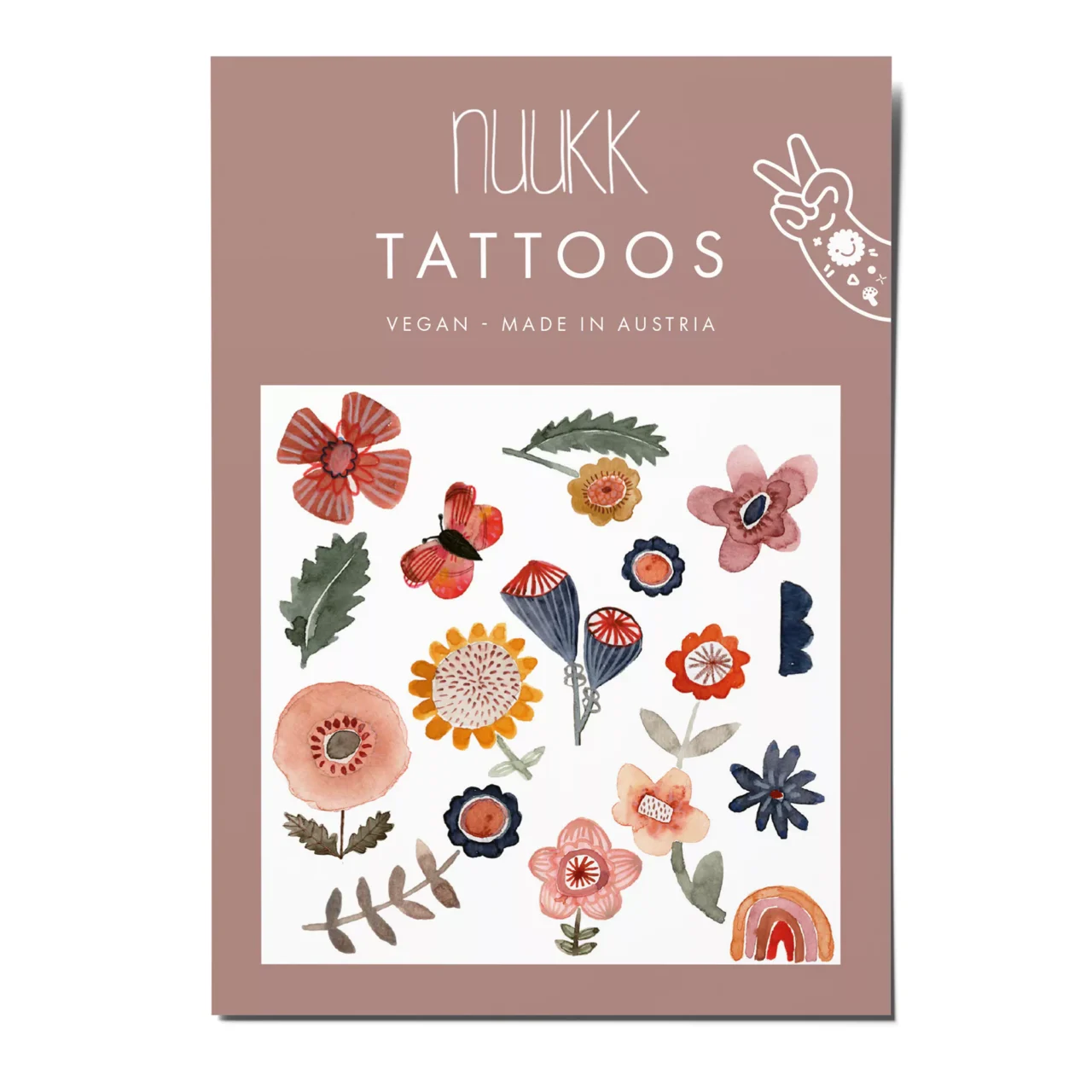 Dieses Tattoo-Set zeigt wunderschöne, handgezeichnete Blumen in warmen Farbtönen, ergänzt durch Blätter und einen Schmetterling. Es hat eine verspielte, aber dennoch elegante Ästhetik