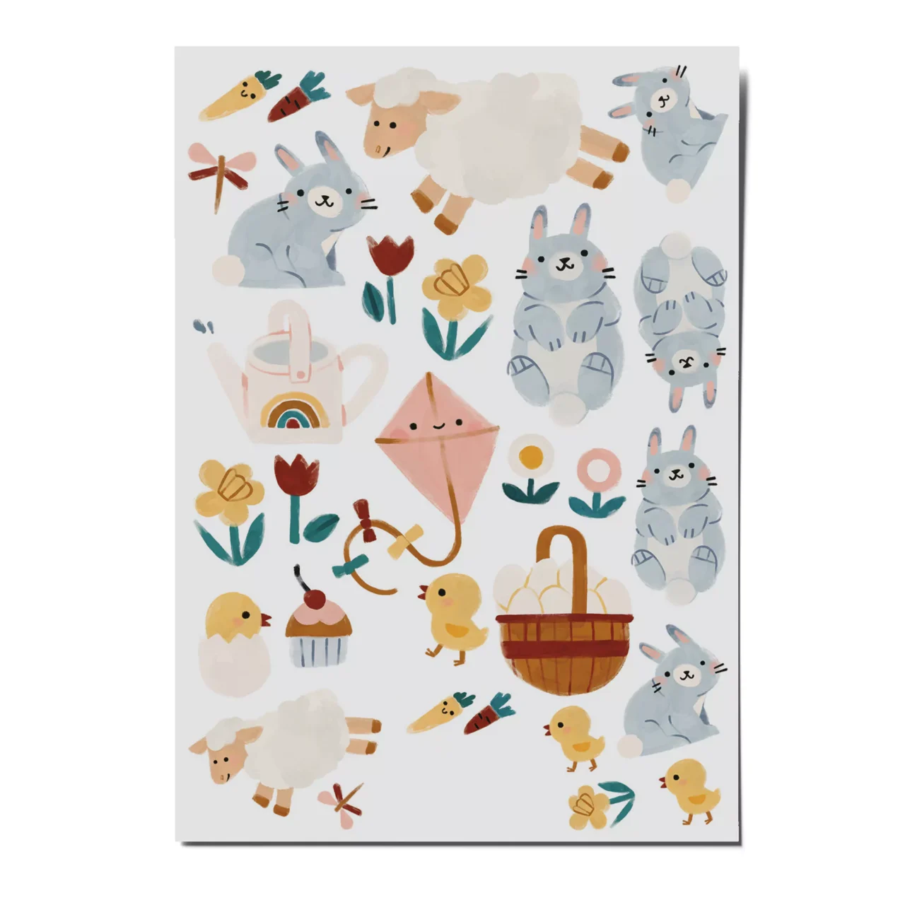 Dieses Bild zeigt das eigentliche Tattoo-Sheet mit verschiedenen frühlingshaften und österlichen Motiven. Neben niedlichen Hasen, Lämmern und Küken gibt es Blumen, eine Gießkanne mit Regenbogen, einen Drachen und weitere verspielte Elemente