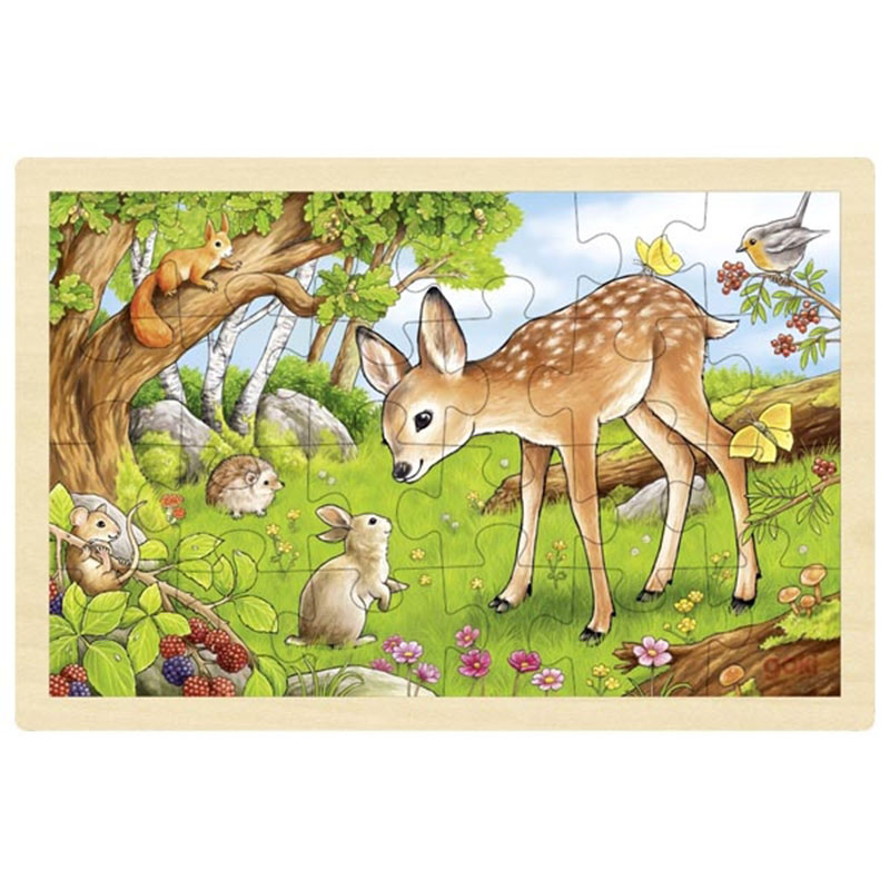 57325_s_quadrat Vorderansicht Puzzle mit einem Kitz und kleinen Waldtieren auf einer Wiese