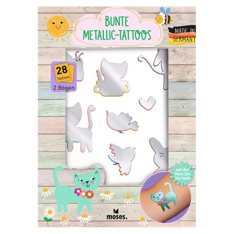 Bunte Metallic-Tattoos für Kinder – Set mit 28 temporären Hauttattoos mit schimmernden Motiven wie Katze, Vogel und Herz. Hautfreundliche Tattoos, hergestellt in Deutschland, ideal für kreative Körperdekoration. Enthält 2 Bögen mit farbenfrohen Designs