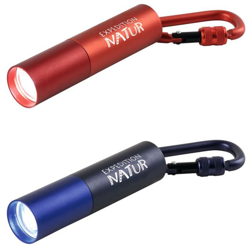 Zwei Expedition Natur Mini-Taschenlampen mit Karabinerhaken in den Farben Rot und Blau. Robustes Aluminiumgehäuse, kompakt und ideal für Outdoor-Abenteuer