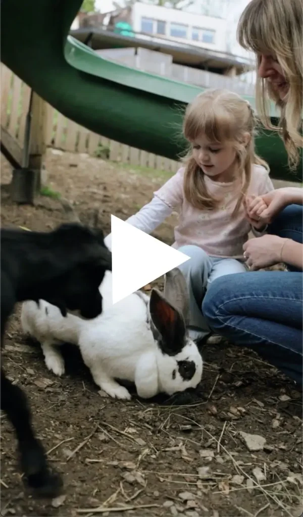 Thumbnail für Video zu Streichelzoo auf der Teichalm - am Bild ist ein Mädchen mit zirka 4 Jahren beim Streicheln eines Hasen und einer Ziege
