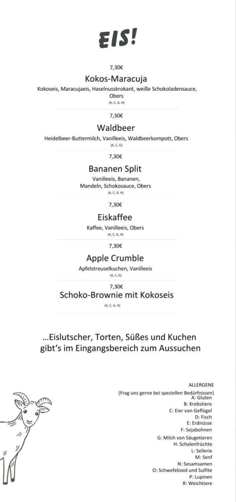 Eine Seite der Speisekarte des Restaurants "Baumhaus" am Spielplatz mit der Eiskarte der Saison 2025/26