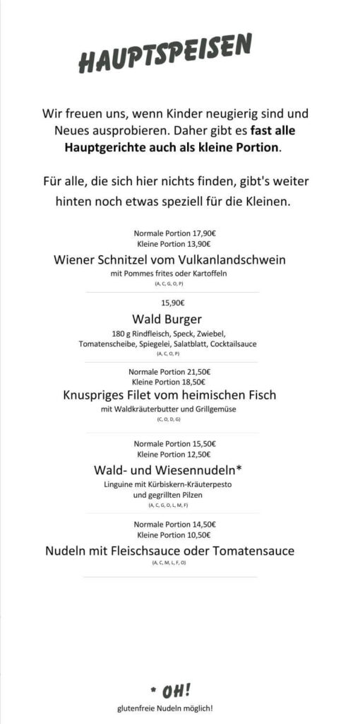 Eine Seite der Speisekarte des Restaurants "Baumhaus" am Spielplatz mit dem ersten Teil der Hauptspeisen der Saison 2025/26