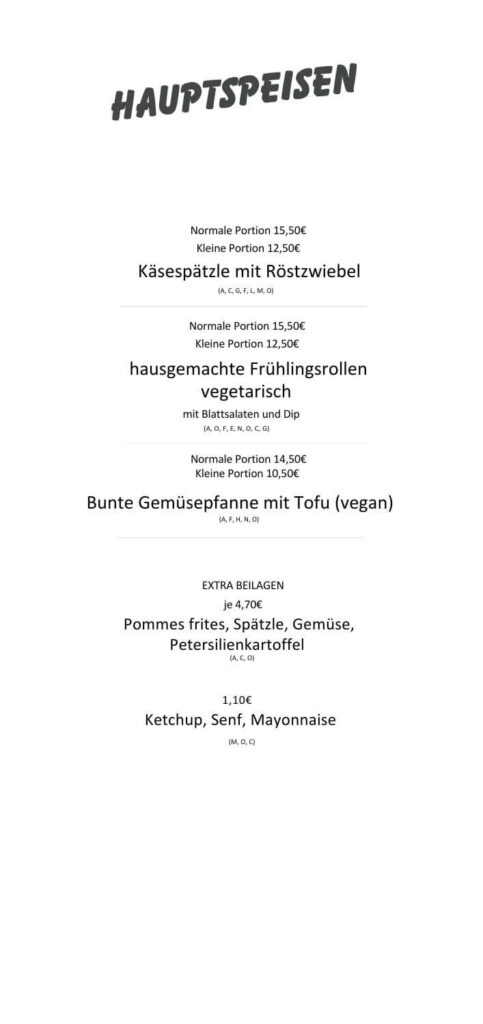 Eine Seite der Speisekarte des Restaurants "Baumhaus" am Spielplatz mit dem zweiten Teil der Hauptspeisen der Saison 2025/26
