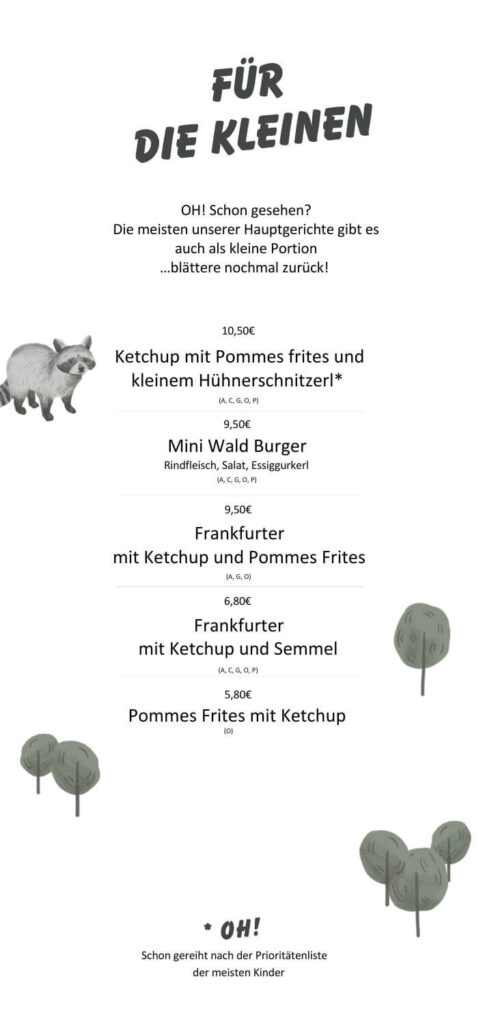 Eine Seite der Speisekarte des Restaurants "Baumhaus" am Spielplatz mit allen Kindermenüs der Saison 2025/26