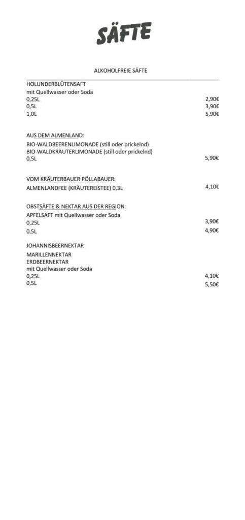 Eine Seite der Speisekarte des Restaurants "Baumhaus" am Spielplatz mit allen Säften der Saison 2025/26