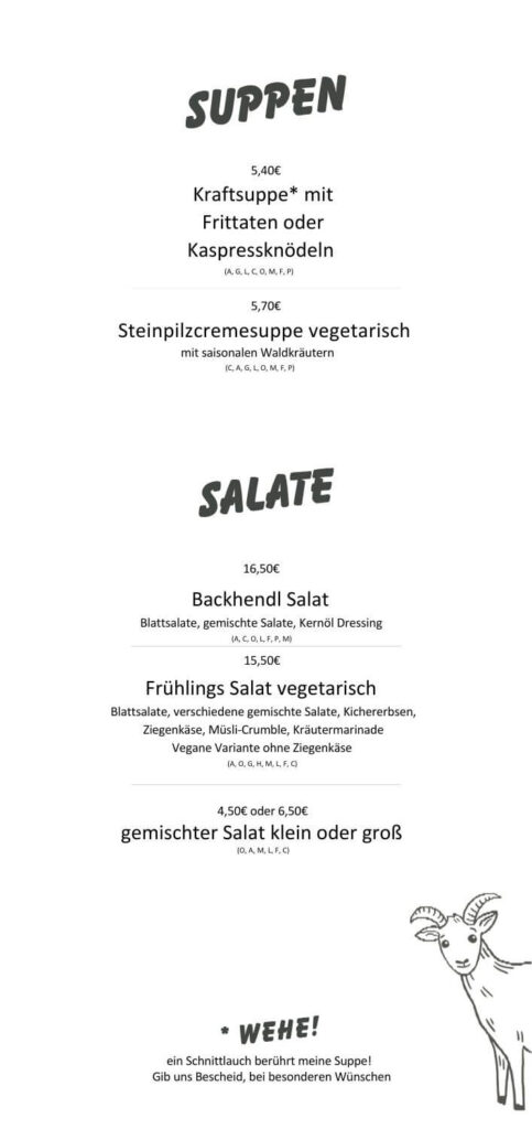 Eine Seite der Speisekarte des Restaurants "Baumhaus" am Spielplatz mit allen Suppen und Salaten der Saison 2025/26