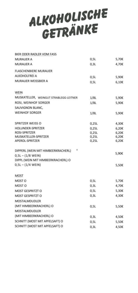 Eine Seite der Speisekarte des Restaurants "Baumhaus" am Spielplatz mit allen alkoholischen Getränken der Saison 2025/26