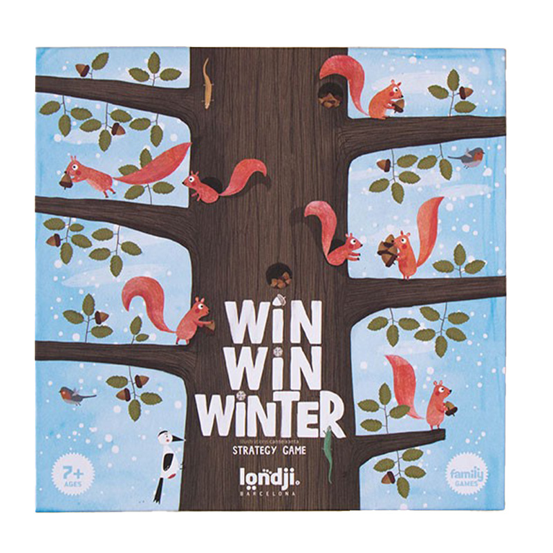 Spielverpackung des Strategiespiels ‚Win Win Winter‘ von Londji, mit Illustration eines großen Baums voller roter Eichhörnchen, Blätter, Schneeflocken und der Aufschrift ‚Strategy Game – ab 7 Jahren – Family Games