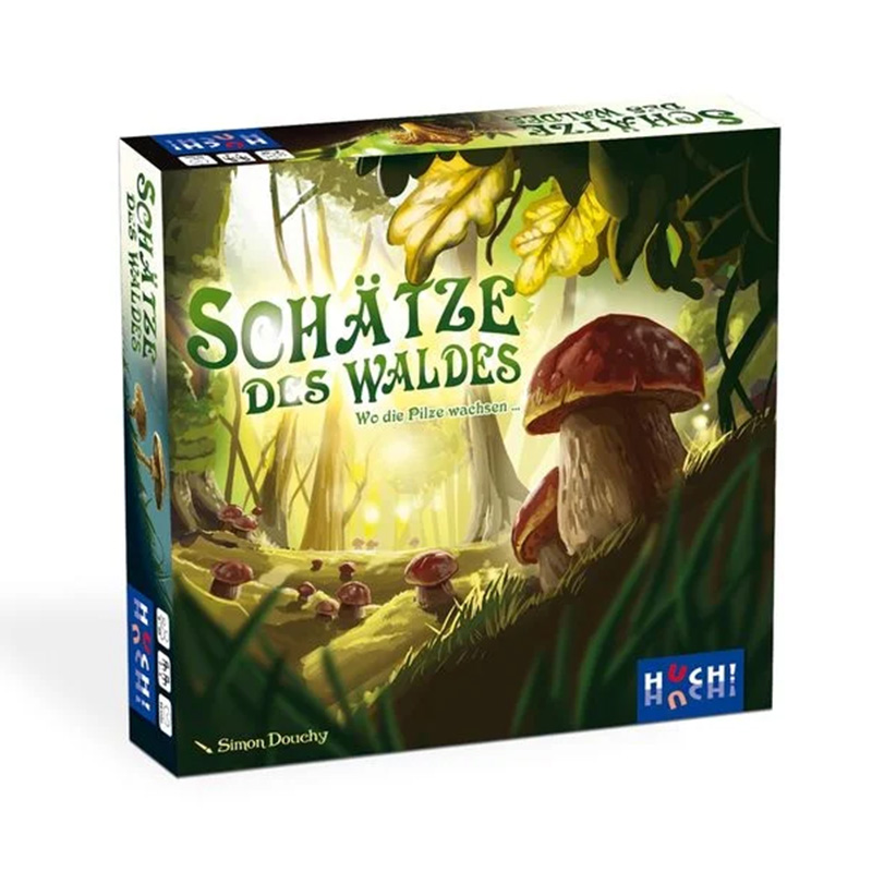 Spielverpackung des Brettspiels ‚Schätze des Waldes‘ von HUCH! mit stimmungsvoller Illustration eines Waldbodens voller Pilze im Sonnenlicht, Titelaufschrift in grüner Schrift und Untertitel ‚Wo die Pilze wachsen …