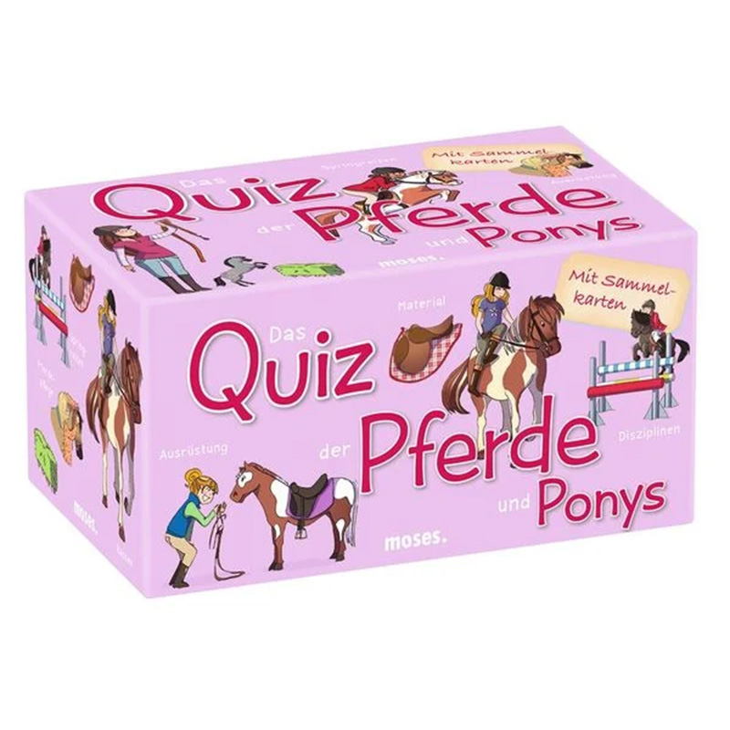 Quizbox ‚Das Quiz der Pferde und Ponys‘ von moses., rosa Verpackung mit Illustrationen von Pferden, Reiterinnen, Ausrüstung und dem Hinweis ‚Mit Sammelkarten