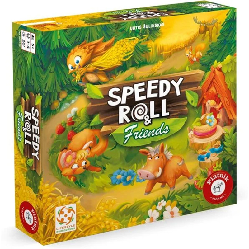 Spielschachtel des Kinderspiels ‚Speedy Roll & Friends‘ mit bunter Illustration von Waldtieren wie Igel, Wildschwein, Fuchs und Eule in einer fröhlichen Waldlandschaft; im Vordergrund ein Weg mit Beeren und Blumen, im Hintergrund eine Waldhütte.