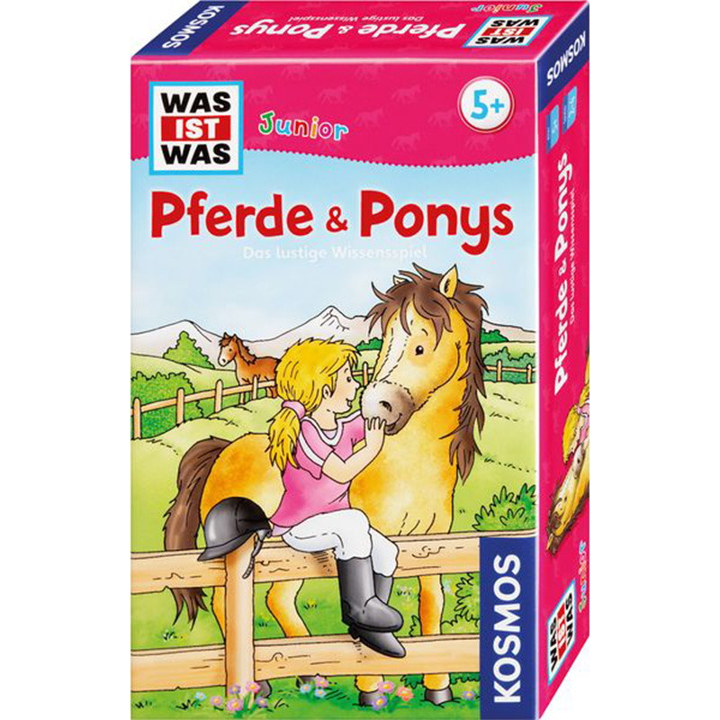 Vorderseite der Spielverpackung ‚Was ist Was Junior – Pferde & Ponys‘ von Kosmos, mit Illustration eines Mädchens, das ein Pony an einem Holzzaun streichelt – empfohlen ab 5 Jahren