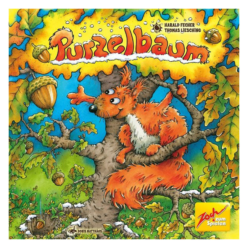 Spielverpackung des Kinderspiels ‚Purzelbaum‘ von Zoch mit bunter Illustration eines Eichhörnchens im Baum, umgeben von Eicheln und Herbstlaub
